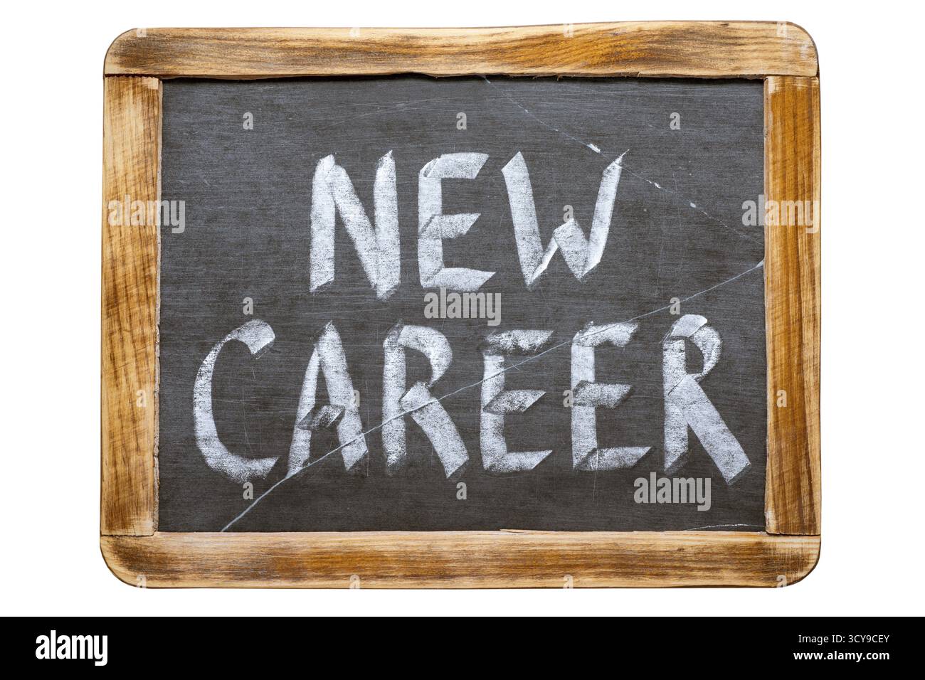 Nuova carriera scritta a mano su una lavagna scuola d'epoca isolata sul bianco Foto Stock