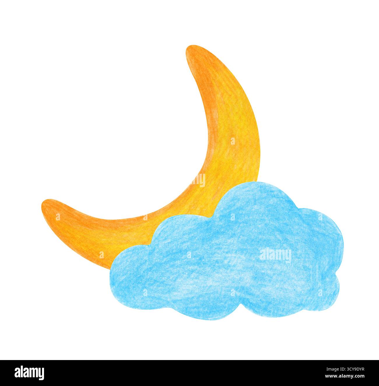 La luna si nasconde in una nuvola. Disegno con matite colorate. Una luna gialla dietro una nuvola blu. E' ora di andare a letto. Disegno di un bambino. Un modello Foto Stock