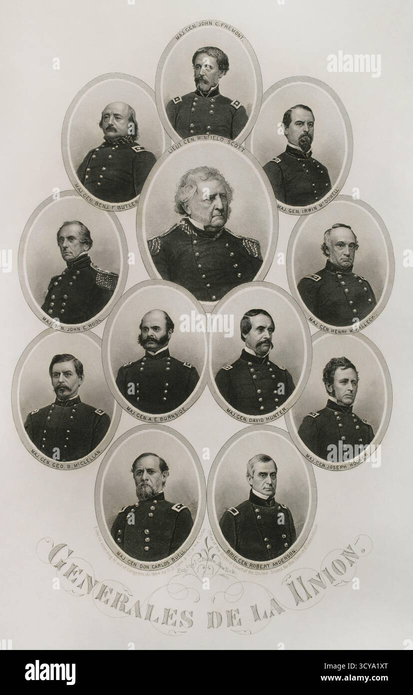 Stati Uniti. Guerra civile americana (1861-1865). Generali dell'Unione della guerra civile. Dall'alto in basso e da sinistra a destra: Maggior generale John C. Frémont (1813-1890 1898), maggior generale Benjamin F. Butler (1818-18193), maggior generale Irvin McDowell (1818-1885), maggior generale John E. Wool (1784-1869), tenente generale Winfield Scott (1786-1866), maggior generale Henry W. Halleck (1815-1872), maggior generale George B. McClellan (1825-1885), maggior generale Ambrose Burnside General (1824-1881), maggior generale Joseph Buoker generale (1802-1814-1886), maggior generale Joseph Hoell, maggior generale Joseph Hoell, maggior generale (1818-1879) Foto Stock
