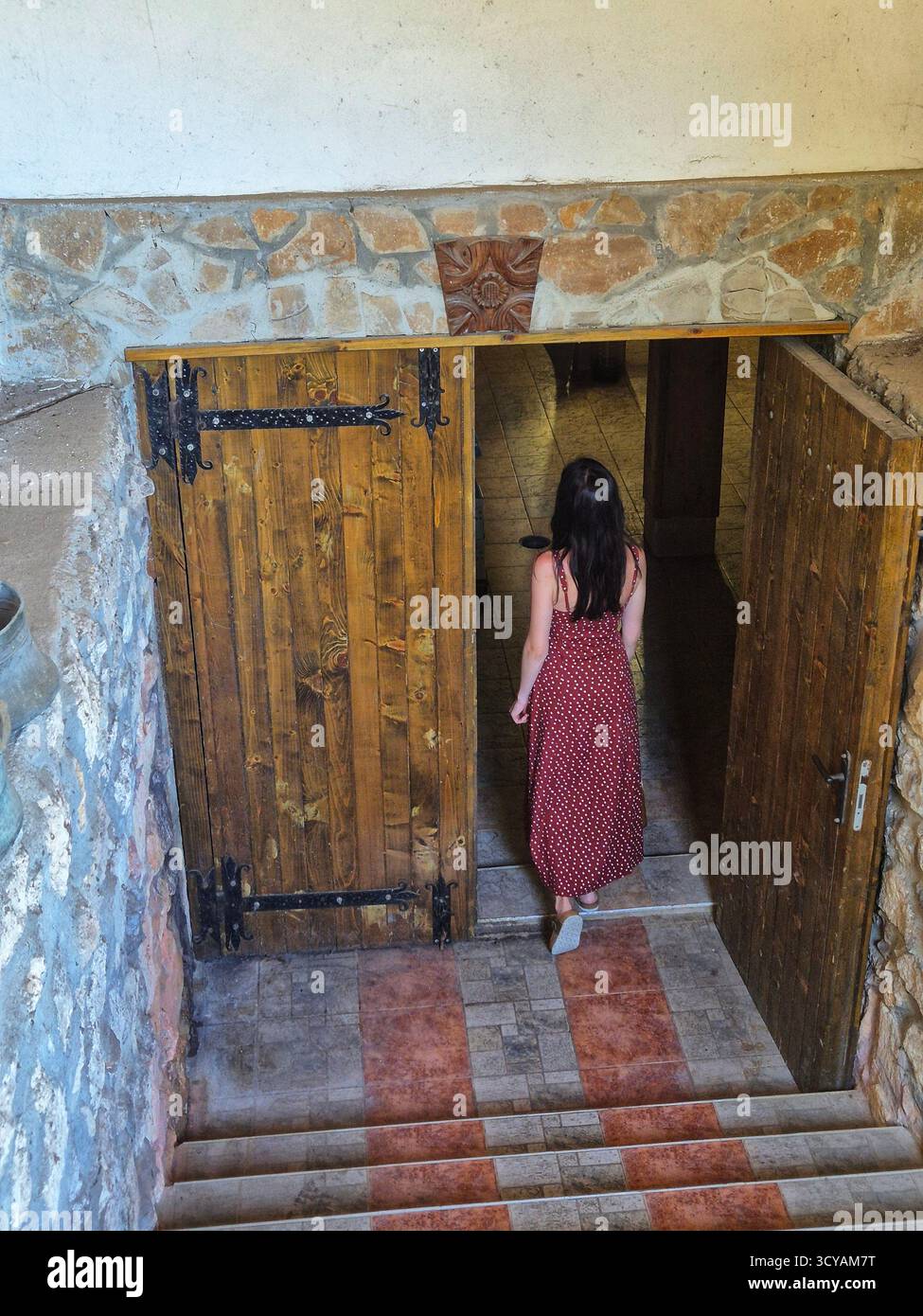Tour delle aziende vinicole. design di una cantina di vini d'annata. donna che entra nelle porte di un'antica cantina Foto Stock