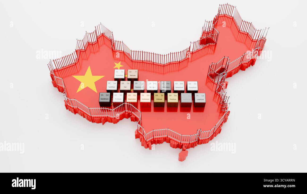 I 17 elementi di terre rare come cubi con i loro numeri atomici, simboli e nomi sulla mappa della Cina con una recinzione intorno (restrizioni all'esportazione). Scandiu Foto Stock