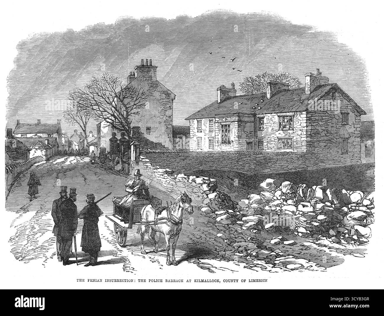 La caserma della polizia a Kilmallock, Contea di Limerick, in Irlanda, in seguito alla rivolta dei Fenian, nel 1867 Foto Stock