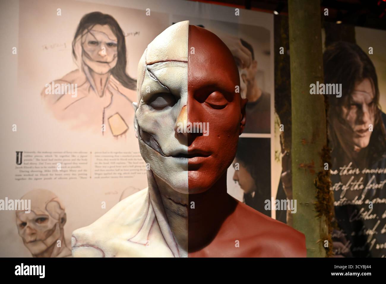 Opere d'arte e fotografie di "The creature" (Jacob Elordi) utilizzate per promuovere il film Frankenstein (2025) Foto Stock