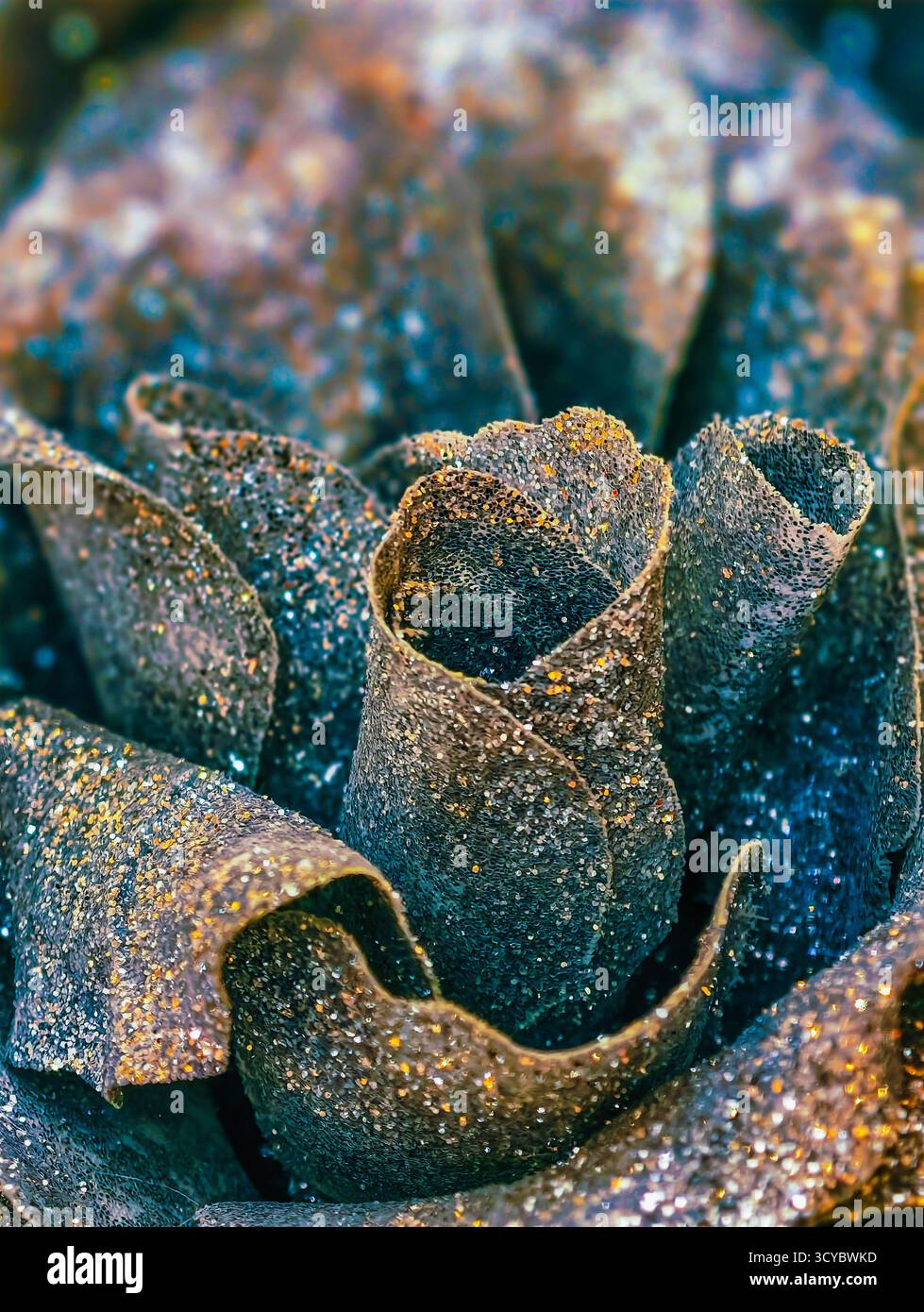 Il nastro con glitter e oro blu risplende le decorazioni natalizie scintillanti smeraldo metallizzato Shimmer Celebration Design di lusso Foto Stock
