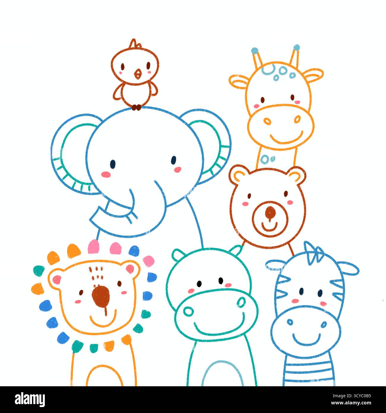 Set di illustrazioni a cartoni animati disegnati a mano con una famiglia di animali da safari Foto Stock