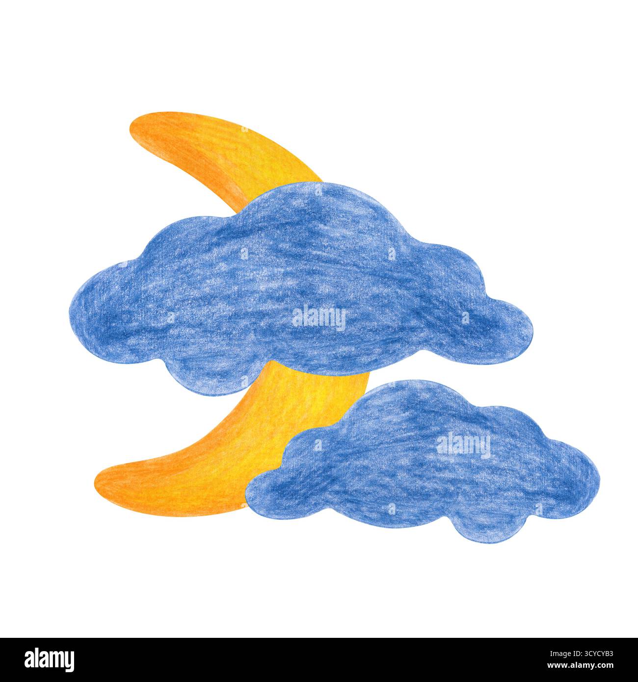 Una mezzaluna dorata si nasconde tra nuvole scure. Disegnare con matite o pastelli colorati. Il disegno di un bambino è isolato su uno sfondo bianco. Clipart Foto Stock