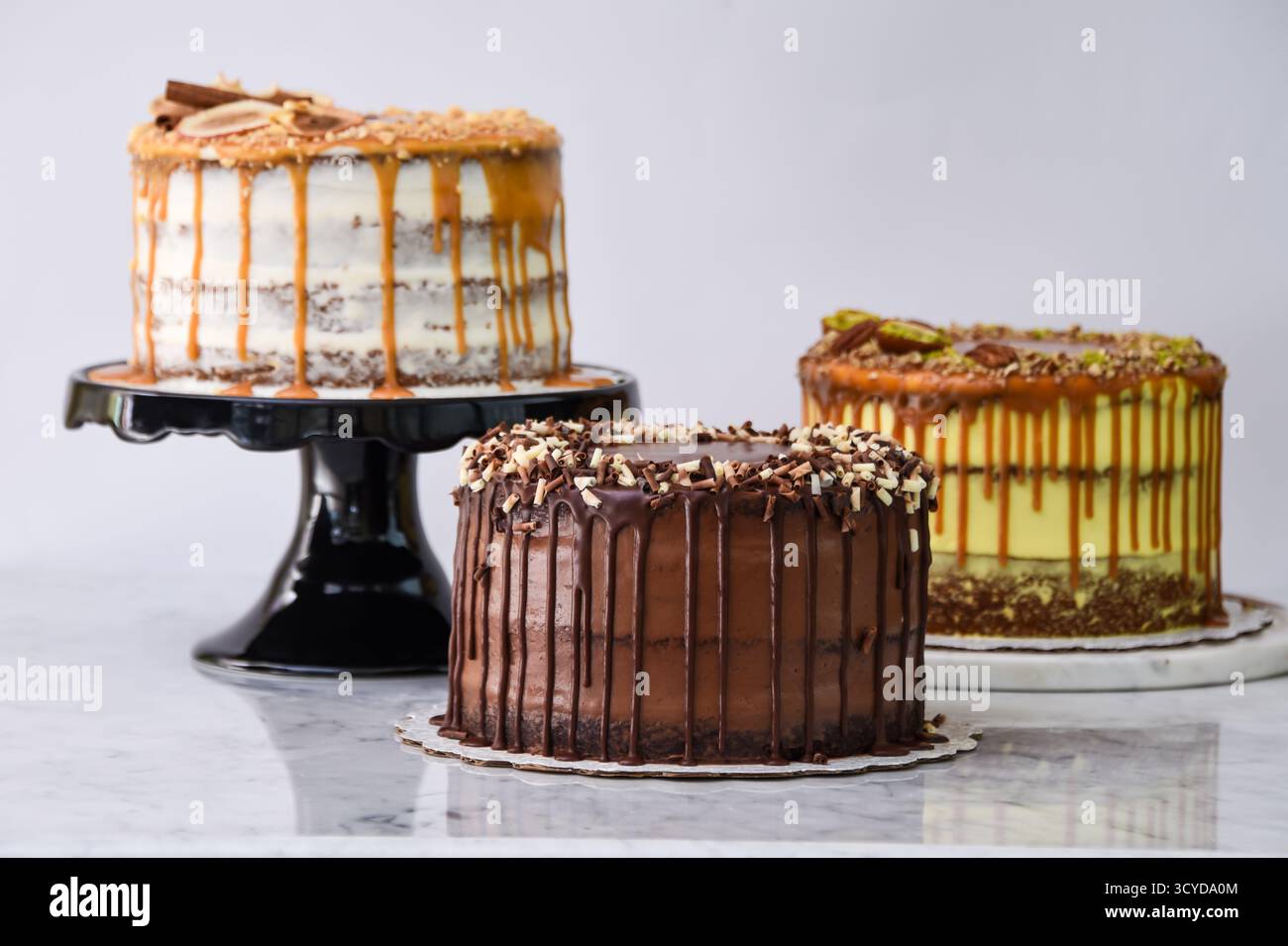 Torte gourmet assortite, tra cui caramello, caramello al pistacchio e torta al cioccolato, vista laterale dell'assortimento di eleganti dessert al forno Foto Stock