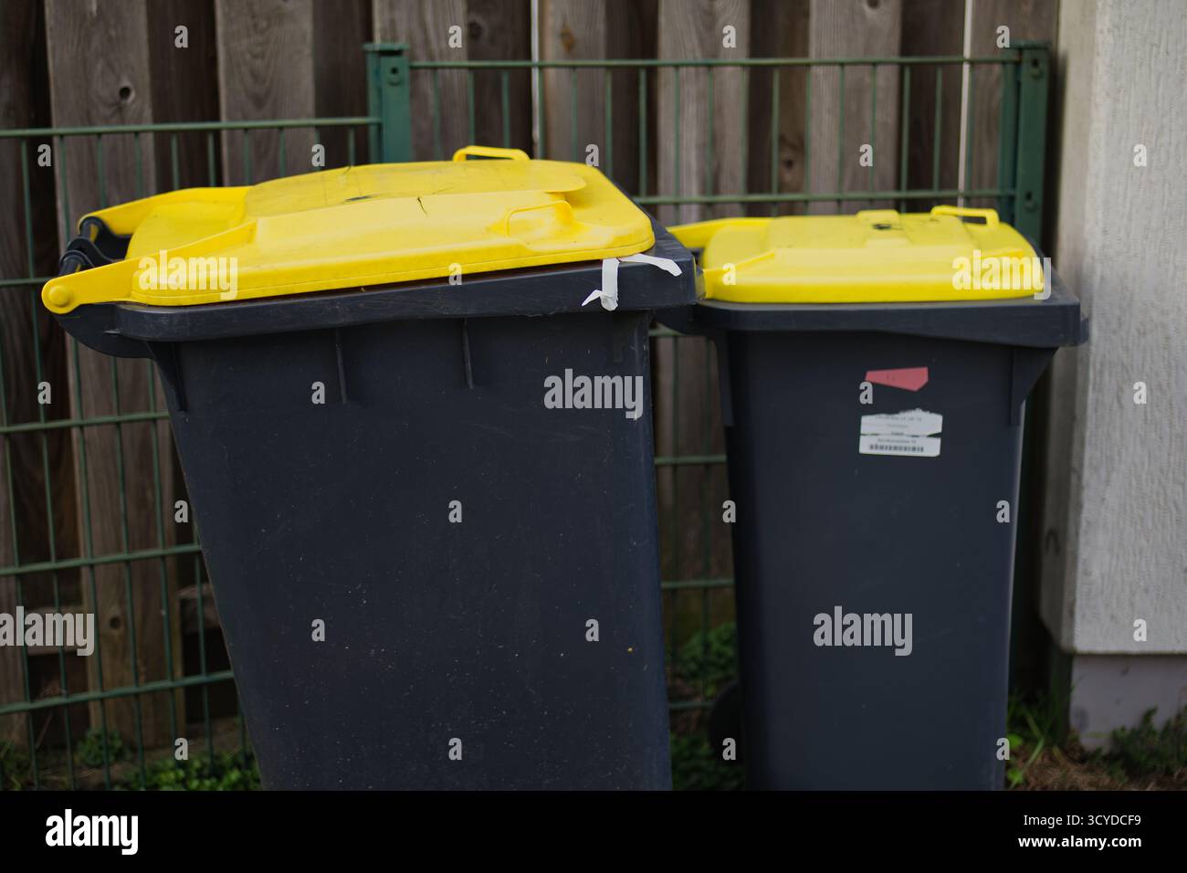 Contenitori di riciclaggio con coperchio giallo all'esterno, contenitori per la separazione dei rifiuti per plastica e imballaggio, sostenibilità ambientale e gestione del riciclaggio in re Foto Stock