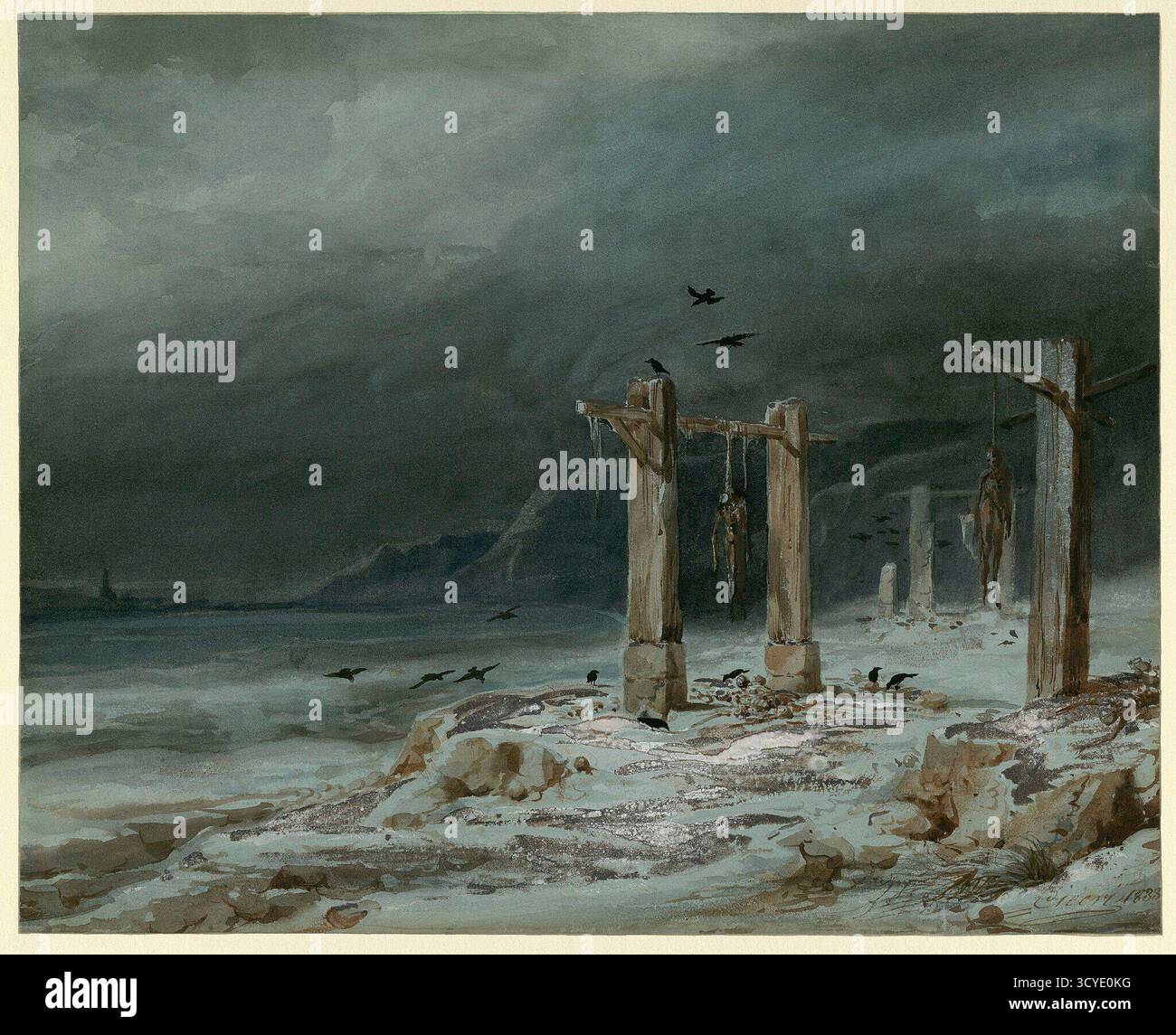 Scenografia Atmospheric del 1833 di Pierre-Luc-Charles Cicéri per il terzo atto del Gustave III ou le Bal masqué di Daniel Auber, resa in acquerello e gouache, raffigurante una scena di esecuzione tremenda e invernale con forcelle appese e corvi circolanti. Foto Stock