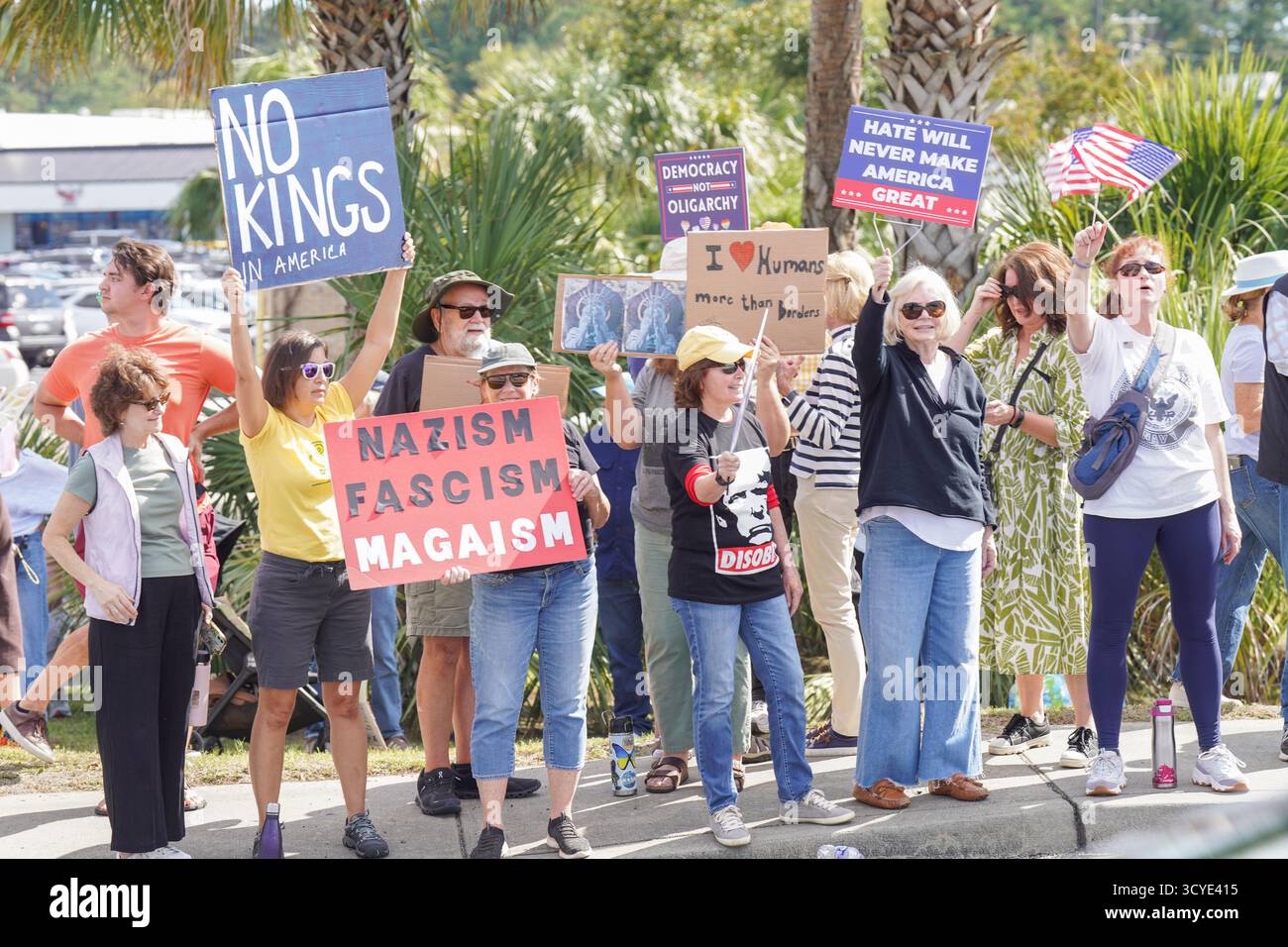 North Charleston, Stati Uniti d'America. 18 ottobre 2025. La gente ondate i segnali di protesta che denunciano il presidente degli Stati Uniti Donald Trump durante il rally "No Kings" lungo una strada trafficata, il 18 ottobre 2025 a North Charleston, South Carolina. Una folla stimata di 1500 persone manifesta pacificamente per mostrare la loro opposizione alle politiche autoritarie di Trump. Crediti: Richard Ellis/Richard Ellis/Alamy Live News Foto Stock