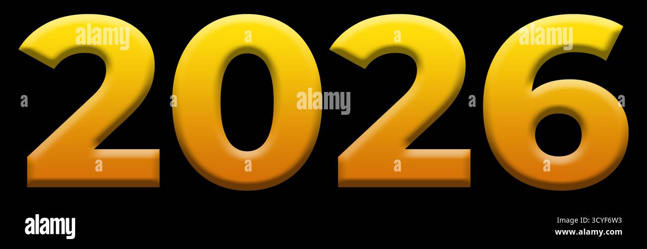 2026 Golden Number – Design di testo lucido 3D. Foto Stock