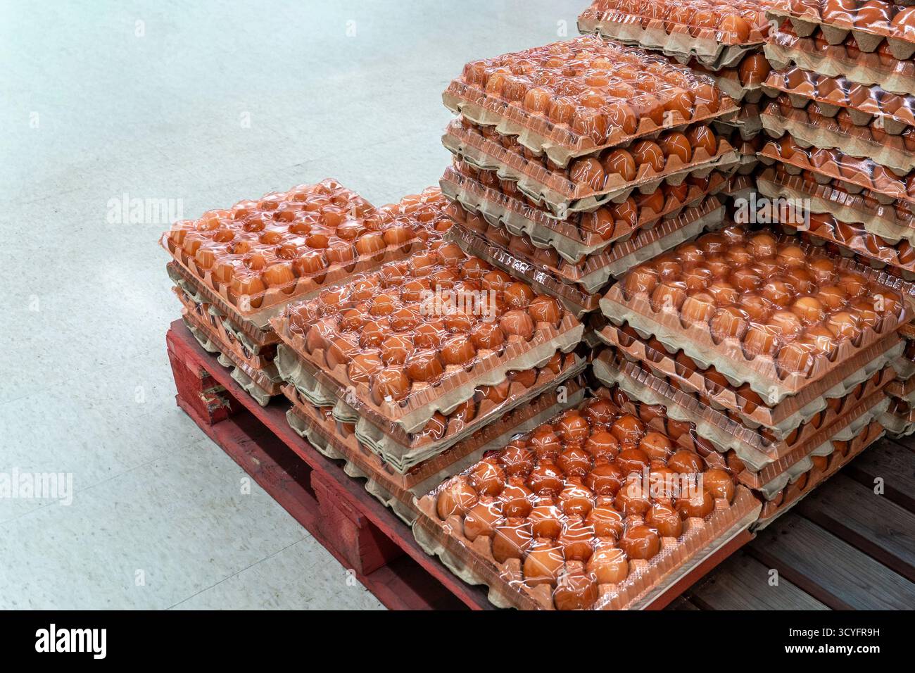 Grandi pile di uova marroni in vassoi di cartone avvolti in plastica sono impilate su un pallet di legno rosso, pronto per la vendita o la distribuzione in un supermercato Foto Stock