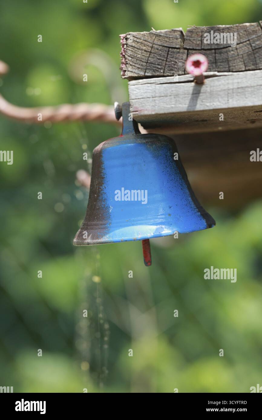 Campana blu appesa a un palo di legno. La campana è blu e ha una base marrone. La campana è appesa a un palo di legno ed è circondata da foglie verdi Foto Stock