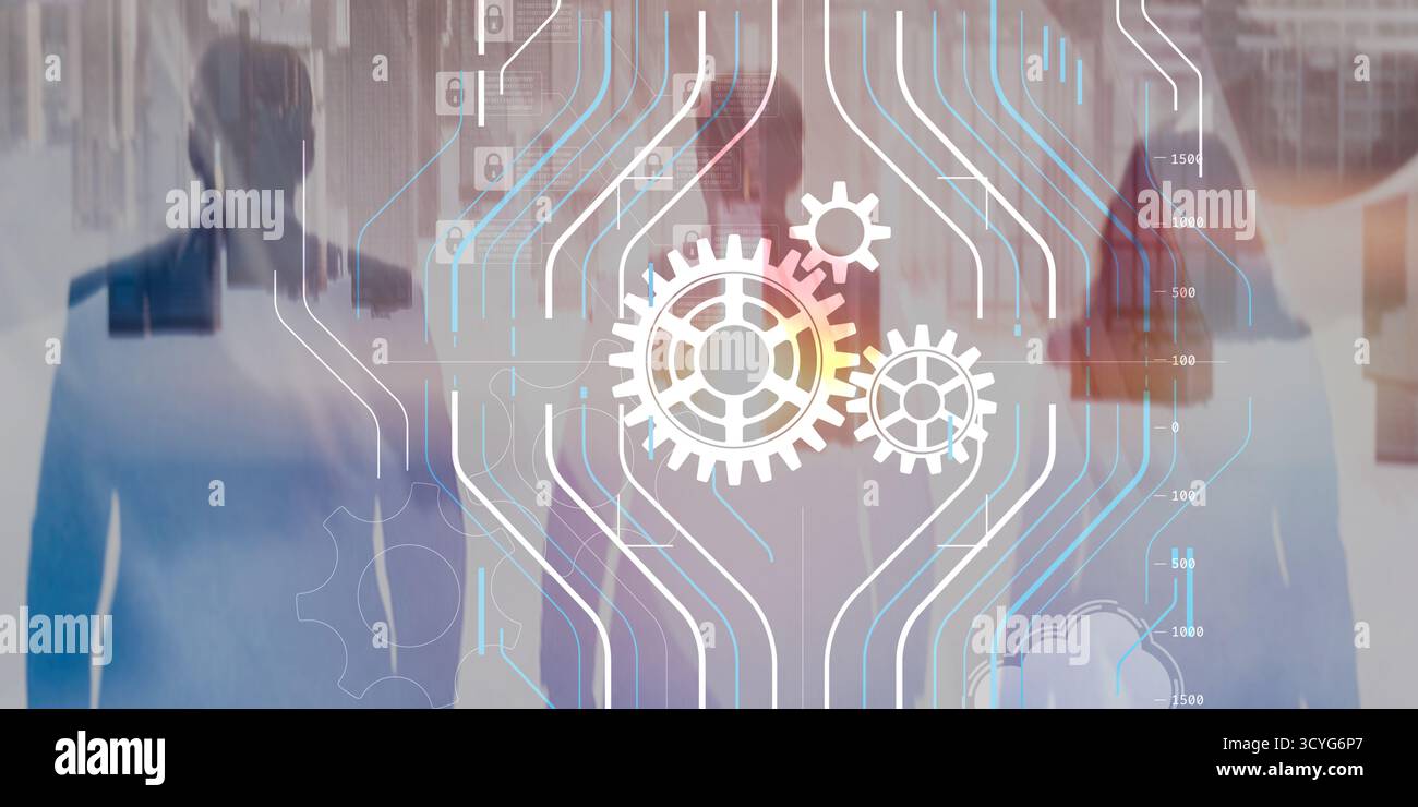 Concetto di automazione dei processi aziendali con ingranaggi meccanici e icone digitali su sfondo blu astratto. Foto Stock