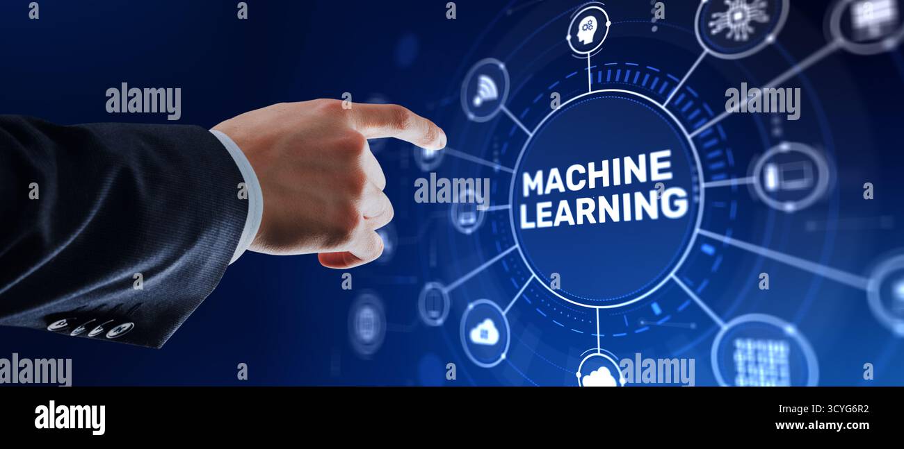 Concetto di tecnologia di apprendimento automatico con reti neurali e analisi dei dati dell'algoritmo di intelligenza artificiale. Foto Stock