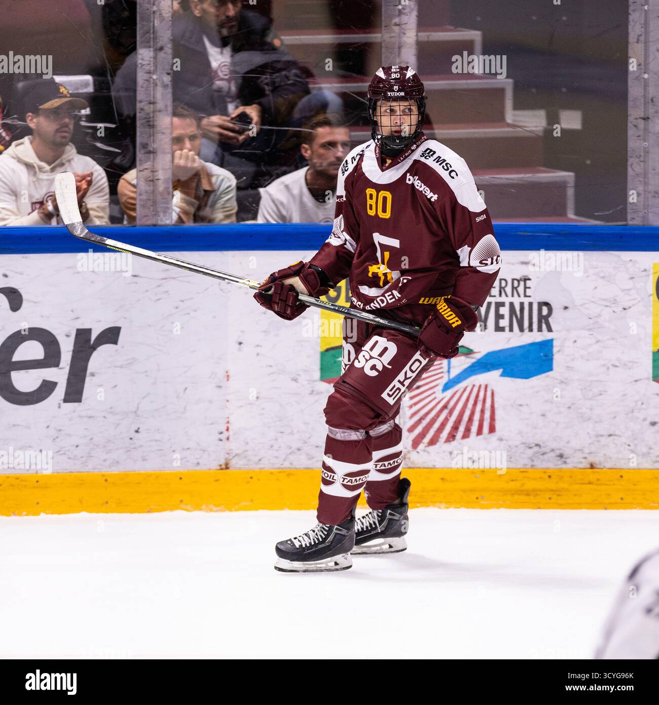 18/10/2025, Les Acacias, Les Vernets, NL: Genève-Servette HC - SC Berna, #80 Simas Ignatavicius (Servette) Foto Stock