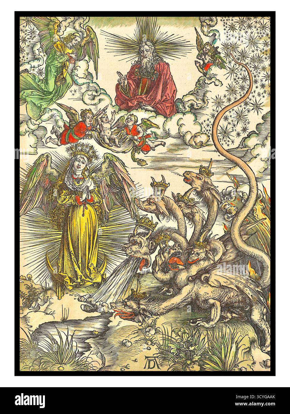 Albrecht Dürer - la donna dell'Apocalisse e il drago a sette teste - 1498 - l'opera raffigura una scena del Libro dell'Apocalisse, in particolare Apocalisse 12. Gli elementi chiave dell'immagine includono: La donna: Una figura centrale, è descritta come "vestita di sole, con la luna sotto i suoi piedi, e sulla sua testa una corona di dodici stelle". Il drago: Un grande drago a sette teste e dieci corna viene mostrato in primo piano, tentando di divorare il figlio della donna. Dio: Nella parte superiore dell'immagine, Dio padre è raffigurato seduto su un trono, circondato da angeli e da uno scoppio di luce. Foto Stock