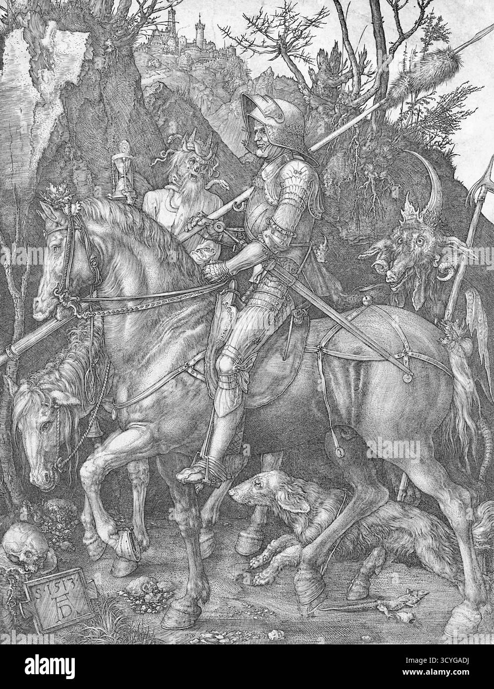 Albrecht Dürer - Cavaliere, morte e il Diavolo - 1513 - il Cavaliere: È ritratto come una figura di virtù morale, cavalcando avanti senza essere distratto dalle figure della morte e del Diavolo. Morte: Alla sinistra del cavaliere, una figura scheletrica di morte cavalca un cavallo pallido e tiene una clessidra, simboleggiando l'inevitabilità della mortalità e il tempo limitato che il cavaliere ha lasciato. The Devil: Una mostruosa creatura corna che rappresenta il Diavolo si nasconde dietro il cavaliere, con uno zoccolo visibile vicino al cane. Ambientazione: Il sentiero è cosparso di teschio e lucertola, e il paesaggio è aspro e presuntuoso Foto Stock