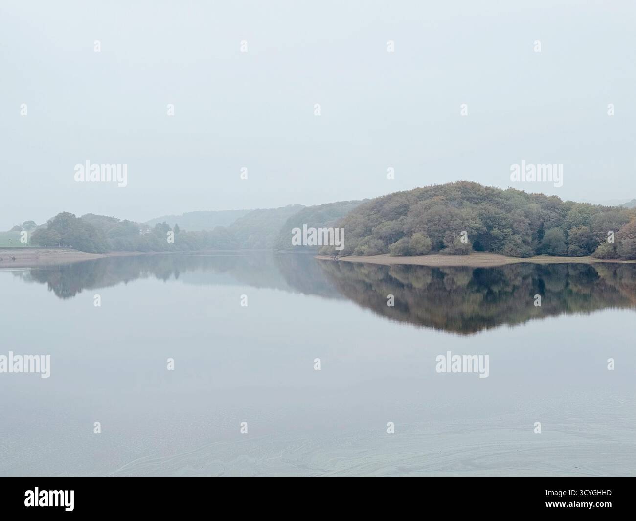 Immagine speculare degli alberi in una giornata nebbiosa al bacino idrico di Rivington vicino a Chorley nel Lancashire - Immagine stock catturata con smartphone