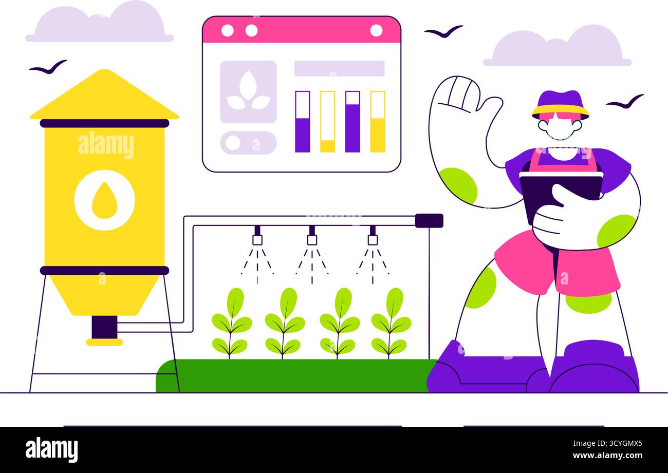 Illustrazione Smart Agriculture Irrigation Systems che illustra la crescita delle piante e l'agricoltura verticale con idroponica e monitoraggio degli impianti tramite app mobile Illustrazione Vettoriale Illustrazione Smart Agriculture Irrigation Systems che illustra la crescita delle piante e l'agricoltura verticale con idroponica e monitoraggio degli impianti tramite app mobile Illustrazione Vettoriale