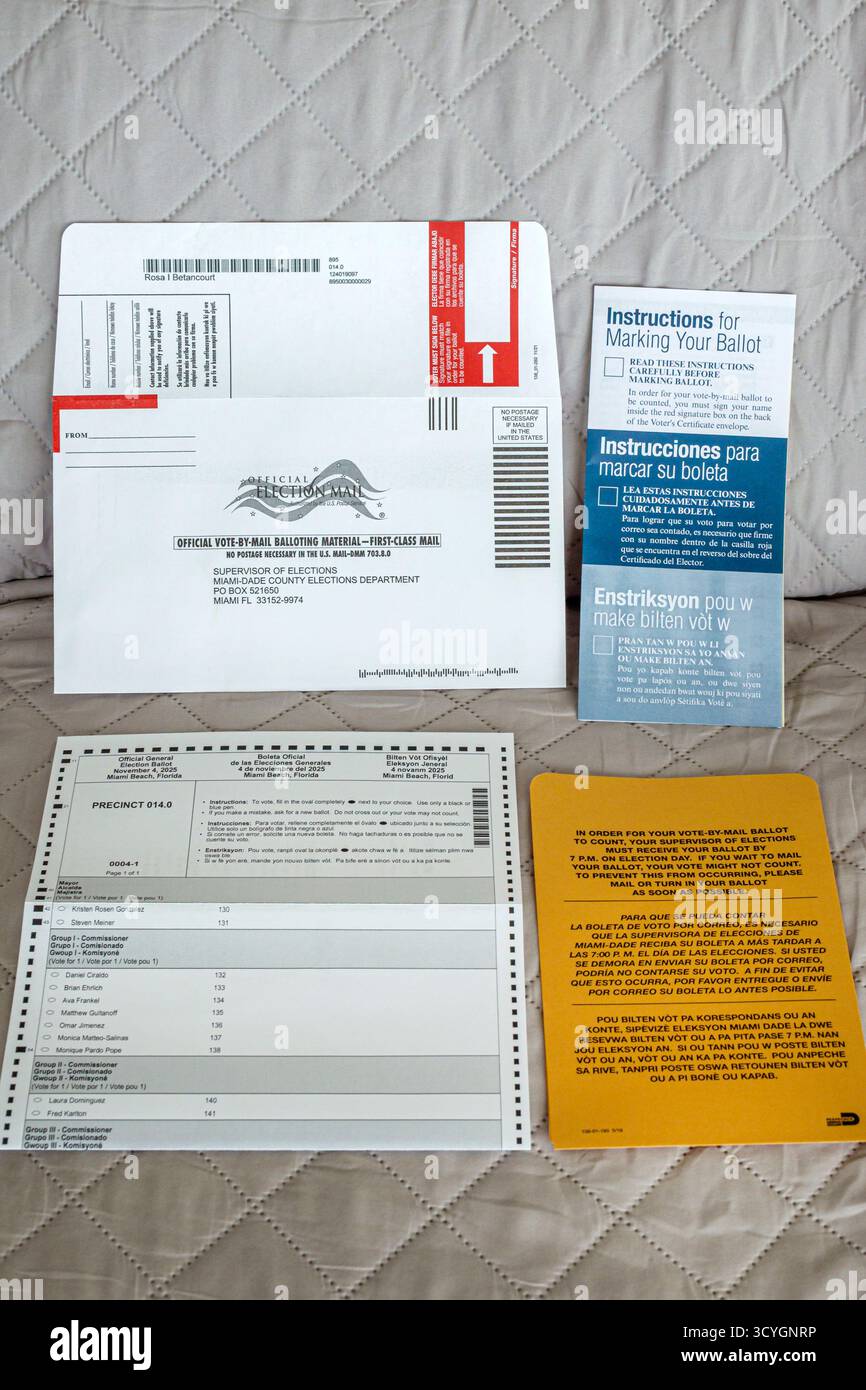 Miami Beach, Florida, voto per posta, elezioni municipali, voto ufficiale per posta, schede di voto per posta, istruzioni in lingua inglese Spanis Foto Stock