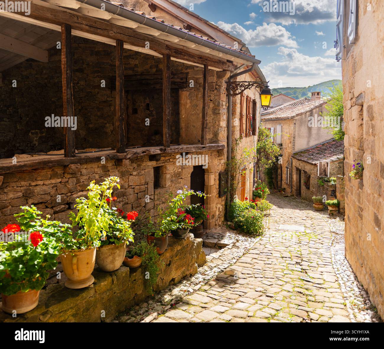 Strada tipica nel borgo medievale di penne, nel Tarn, a Occitanie, Francia Foto Stock