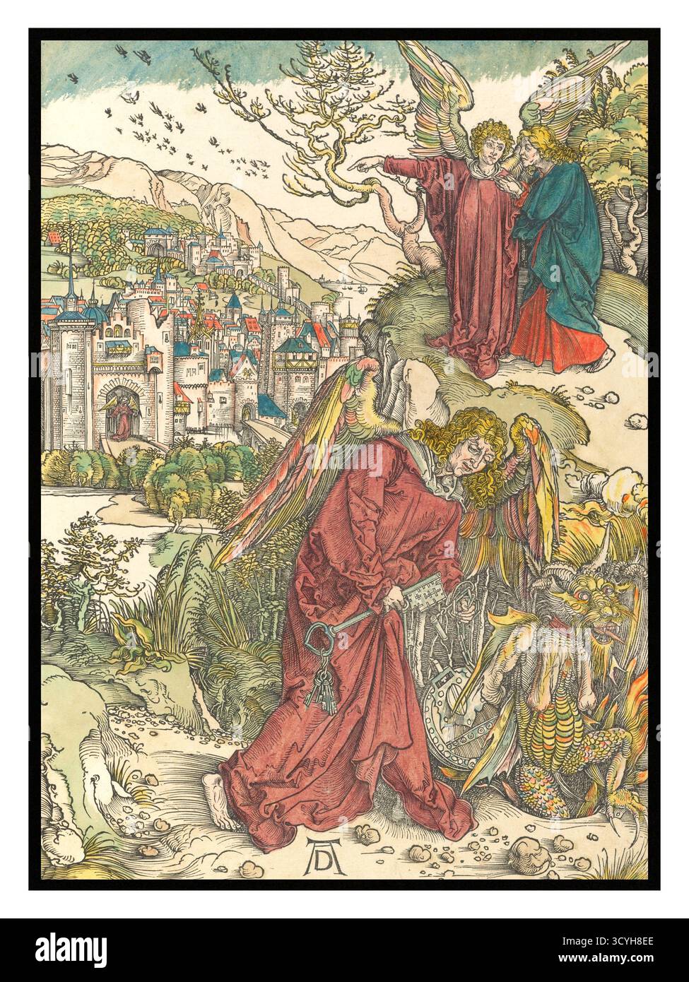 Albrecht Dürer - l'Angelo con la chiave del pozzo senza fondo - 1498 - è un angelo menzionato nel Libro dell'Apocalisse. In un passaggio (Apocalisse 9), a questo angelo viene data una chiave per aprire il pozzo senza fondo, rilasciando locuste demoniache che tormentano le persone. In un altro passaggio (Apocalisse 20), lo stesso angelo (a volte identificato dalla chiave della fossa senza fondo) getta Satana nella fossa per essere legato per mille anni. Foto Stock