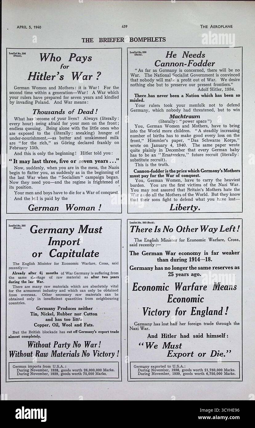 Originale la pagina della rivista aeroplana datata 5 aprile 1940, con "The Briefer Bomphlets", volantini di propaganda britannica in tempo di guerra n. 306-302. Questi opuscoli includono titoli come Who Pays for Hitler's War?, He Need Cannon-Fodder, Germany Must Import or Capulate, e non c'è altro modo! — Mirato a minare il morale tedesco ed esporre le politiche naziste attraverso la guerra psicologica all'inizio della seconda guerra mondiale Foto Stock