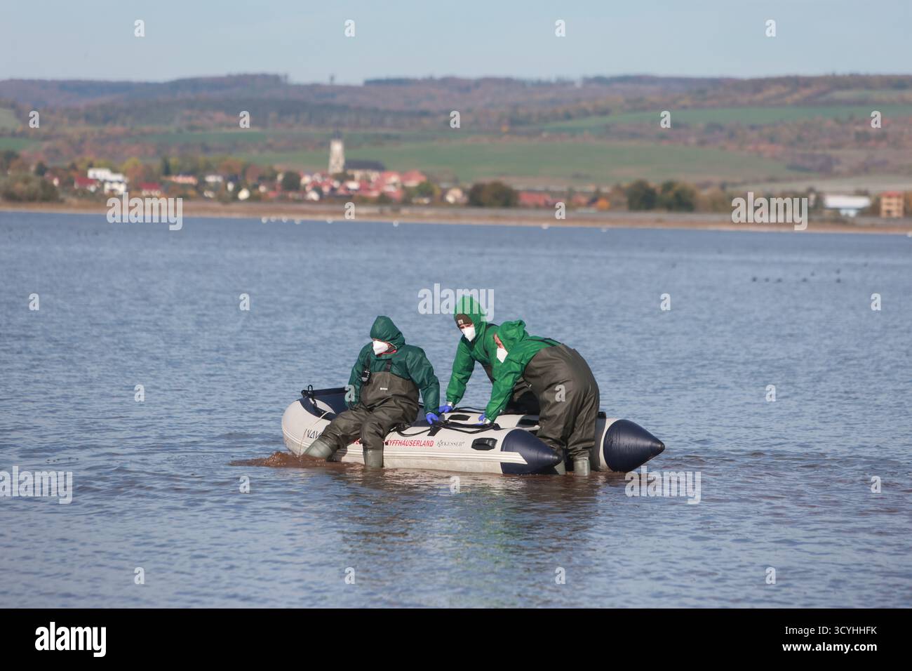 Kelbra, Germania. 19 ottobre 2025. I vigili del fuoco usano una barca per cercare gru morte nel bacino di Kelbra. L'influenza aviaria è scoppiata nel serbatoio Kelbra. Gli animali morti vengono raccolti ogni giorno. Crediti: Matthias Bein/dpa/Alamy Live News Foto Stock