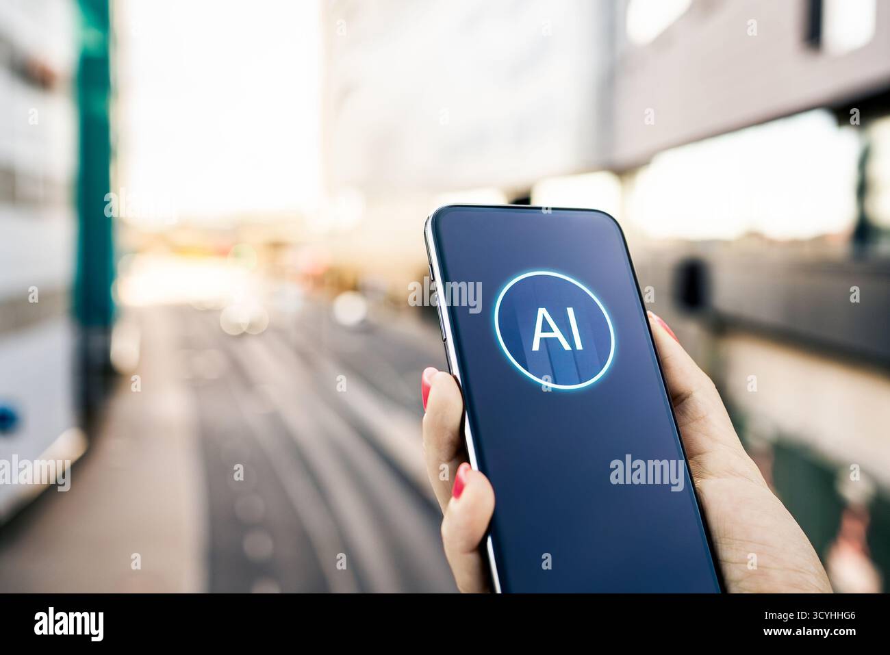 App AI per la navigazione su strade cittadine, il trasporto o i viaggi telefonici. Edificio commerciale urbano. Dati sul traffico stradale. Foto Stock