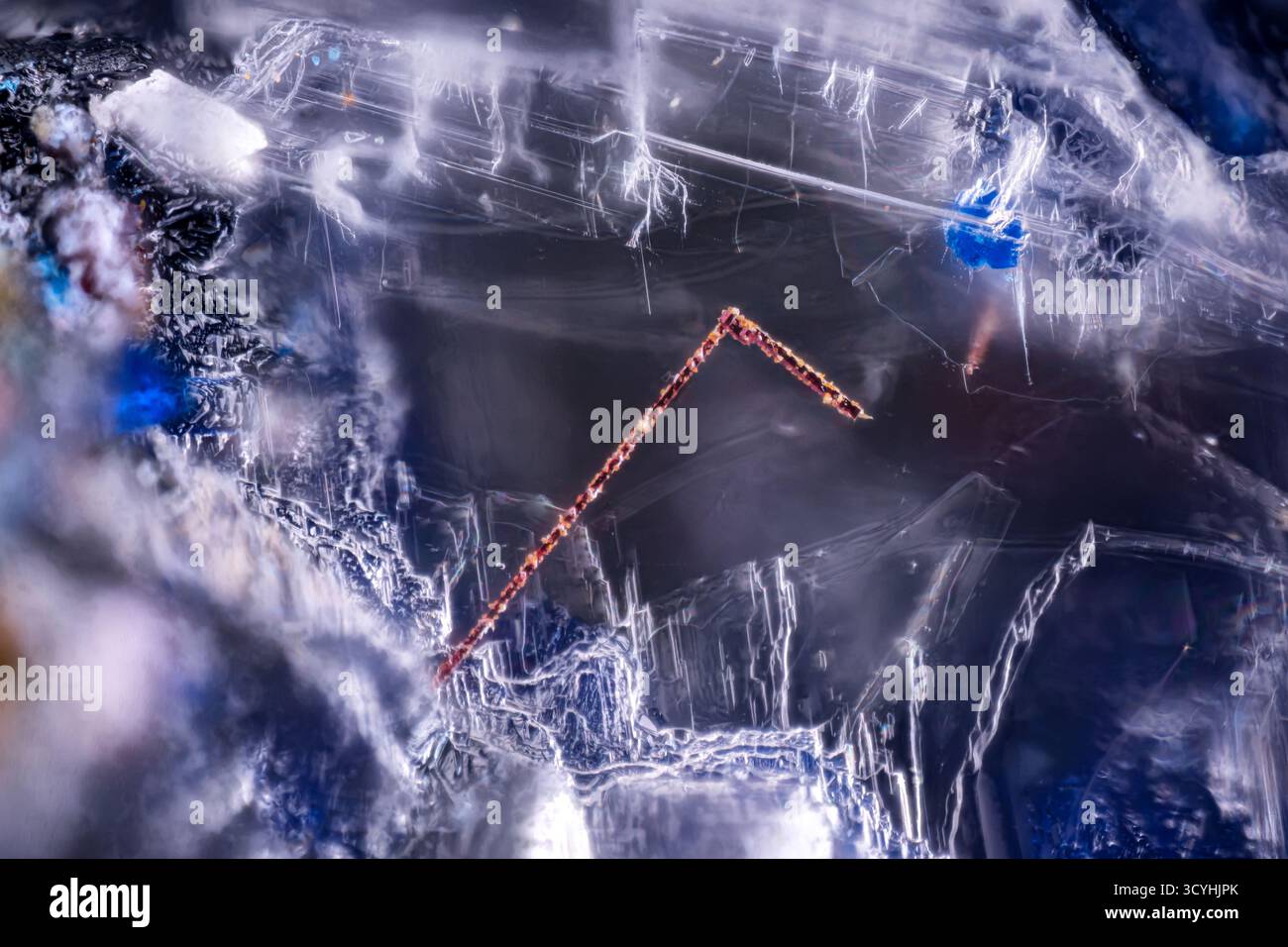 Inclusione di cupriti e azuriti in gesso. Esemplare di Copaquire, Guatacondo, Cile. Micro Photography primi piani estremi. microscopio in cristallo minerale Foto Stock