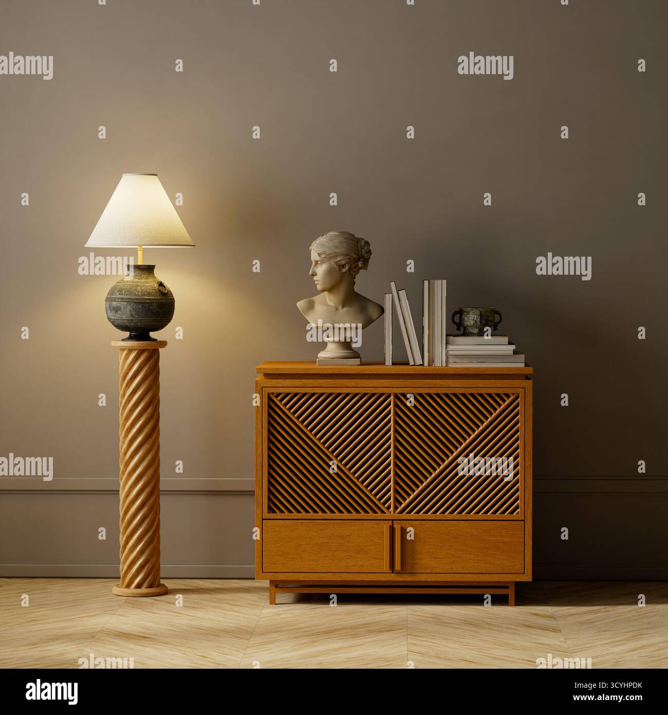 Soggiorno minimal Japandi caratterizzato da elegante armadio in legno, illuminazione soffusa e tessuti naturali per un'atmosfera serena. Illustrazione 3D. Foto Stock