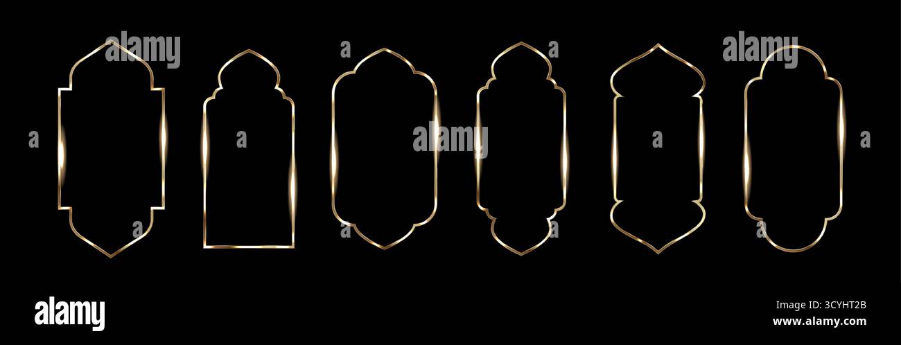 Cornice dorata decorata con disegni ad arco Ramadan per celebrazioni e decorazioni islamiche. Bordi metallici luminosi con le tradizionali forme della porta della moschea. Modello di ornamento culturale per la tessera festiva Illustrazione Vettoriale