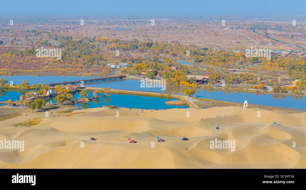 Yuli. 18 ottobre 2025. Una foto scattata il 18 ottobre 2025 mostra i turisti che si divertono in un punto panoramico nella contea di Yuli, nella prefettura autonoma mongola di Bayingolin, nella regione autonoma di Xinjiang Uygur, nella Cina nord-occidentale. Le foreste populus euphratica e il fiume Tarim presentano una scena autunnale mozzafiato nel deserto, attirando molti turisti nello Xinjiang. Crediti: Wang Zhipeng/Xinhua/Alamy Live News Foto Stock