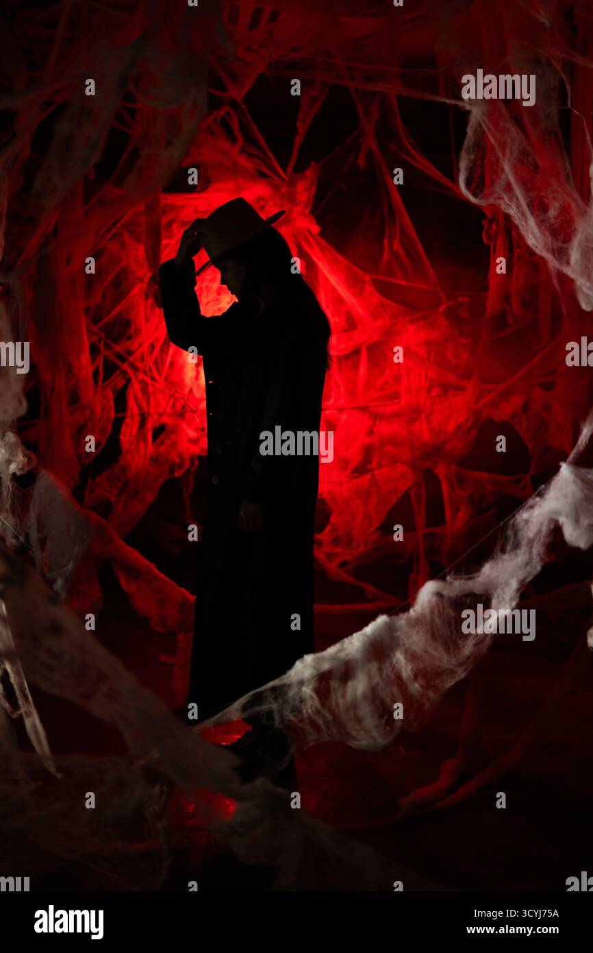 silhouette di una strega gotica o di un vampiro con cappotto e cappello su sfondo rosso sanguinoso con ragnatela. mantello vestito nero. Scena fantasy spaventosa. Halloween Foto Stock