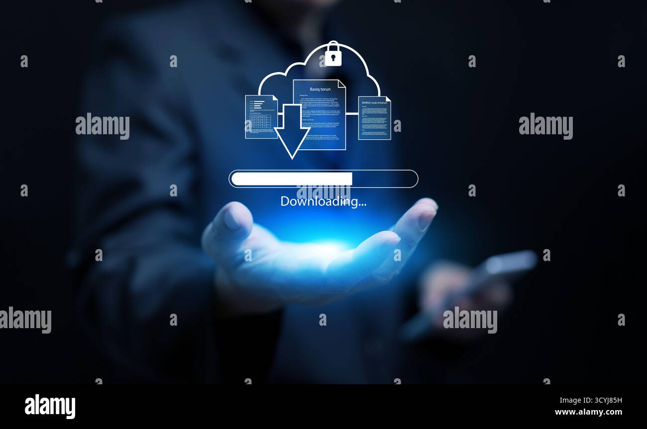 Moderno concetto di download su cloud che mostra il trasferimento sicuro dei file digitali tramite tecnologia virtuale. Ideale per argomenti come il backup dei dati, netwo Foto Stock