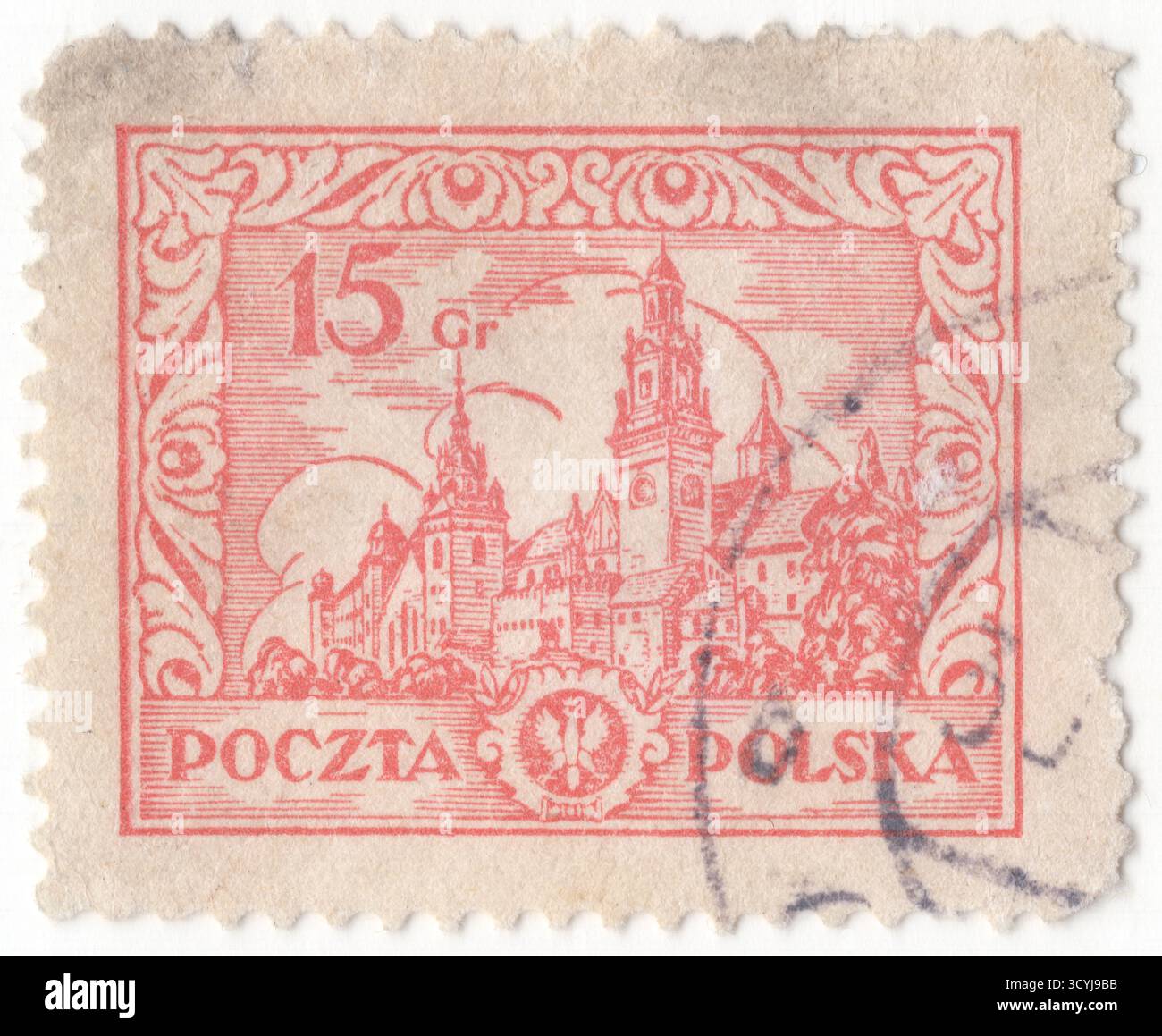 POLONIA — 1925 maggio 5: 15 francobollo rosso rosa che raffigura il castello di Wawel a Cracovia (Cracovia). Il Castello reale di Wawel e la collina di Wawel su cui si trova costituiscono il sito storicamente e culturalmente più significativo della Polonia. Residenza fortificata sul fiume Vistola a Kraków, fu fondata per ordine del re Casimiro III il grande e ampliata nel corso dei secoli in una serie di strutture intorno ad un cortile in stile italiano. Rappresenta quasi tutti gli stili architettonici europei del periodo medievale, rinascimentale e barocco Foto Stock