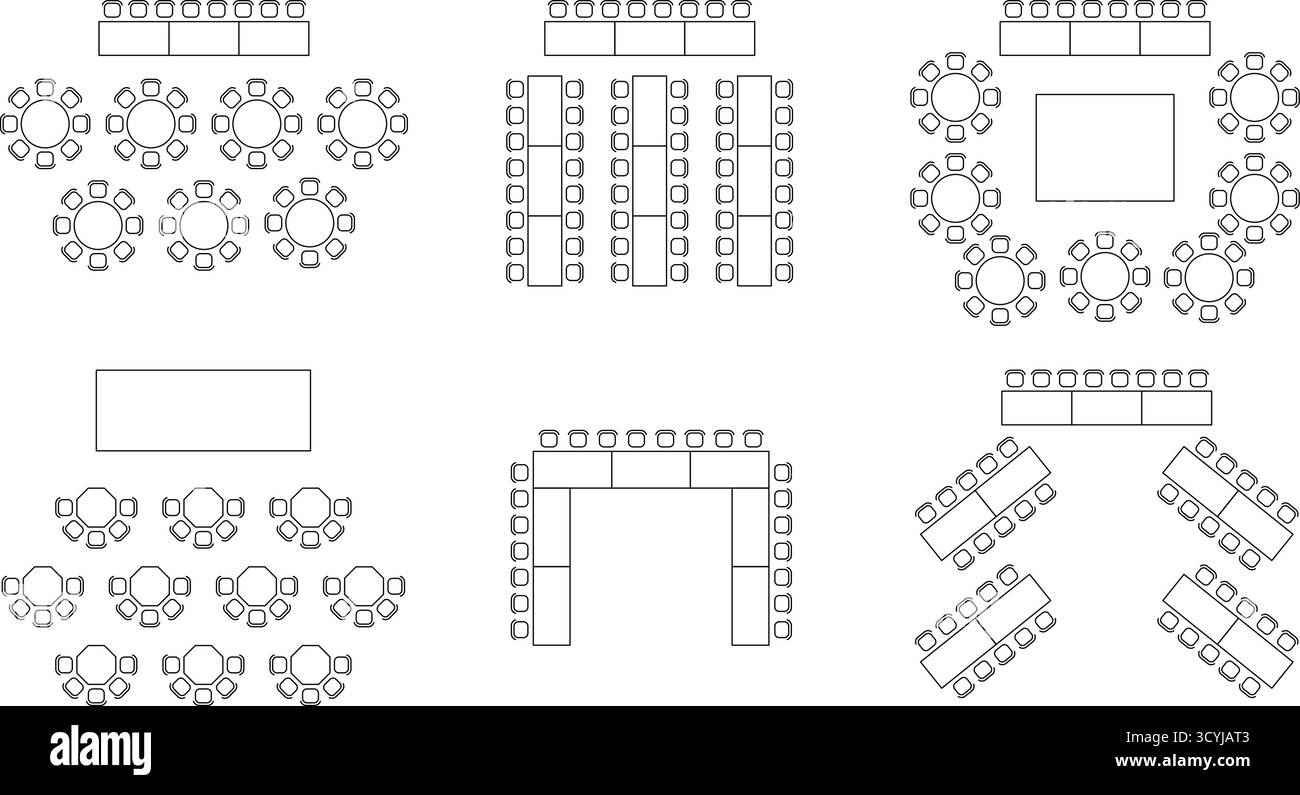 Set icone piano posti, casa, ristorante, seminario, scuola, sala conferenze, negozio, vista dall'alto, sedia e tavolo, pianta architettonica con progetto Illustrazione Vettoriale