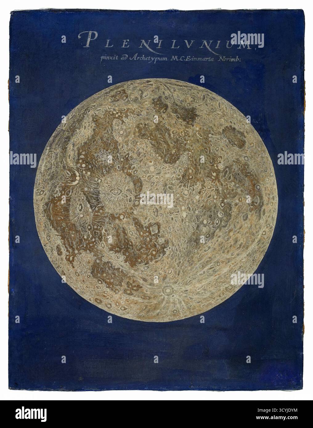 "Plenilunium" (Luna piena) illustrazione astronomica del XVII secolo dell'astronoma e artista tedesca Maria Clara Eimmart (1676-1707), raffigurante una superficie lunare dettagliatamente e accuratamente osservata con crateri, maria e caratteristiche geologiche. Questa opera d'arte è una delle oltre 350 illustrazioni basate sulle sue osservazioni telescopiche e sugli studi astronomici effettuati a Norimberga tra il 1693 e il 1698, dalla rivoluzionaria collezione intitolata "Micrographia stellarum Phases lunae ultra 300", di cui solo dieci sopravvivono. Foto Stock