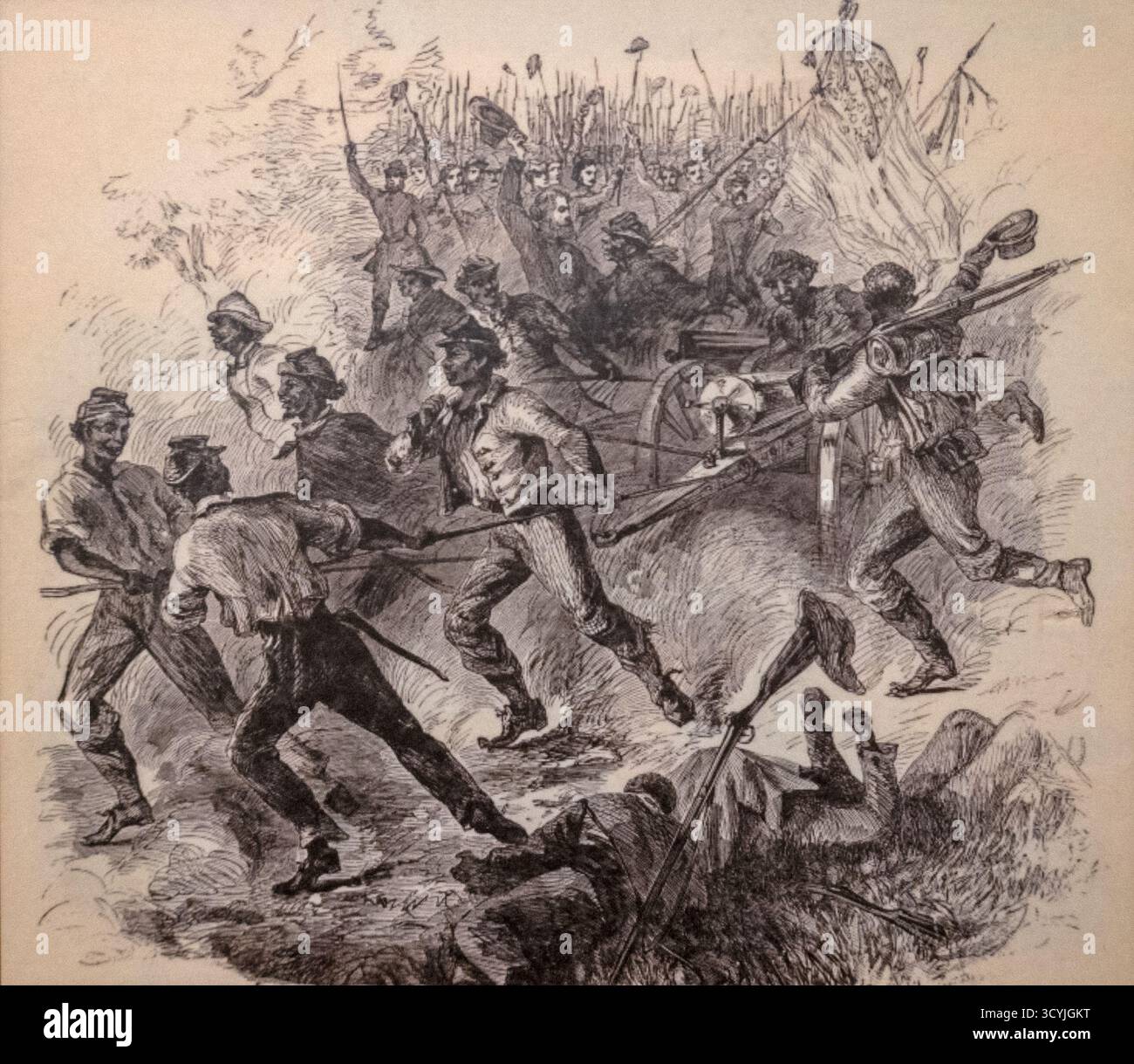 Assedio di Petersburg - truppe di fanteria colorate che portano con sé i cannoni catturati Foto Stock