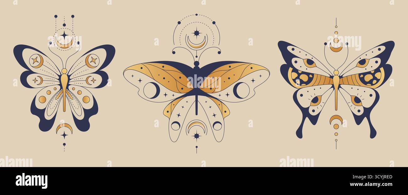 Illustrazioni boho a farfalla con lune e simboli celesti su sfondo crema - falene mistiche con stelle, mezzalune e motivi geometrici. Progetti di natura spirituale per il branding del benessere. Illustrazione Vettoriale