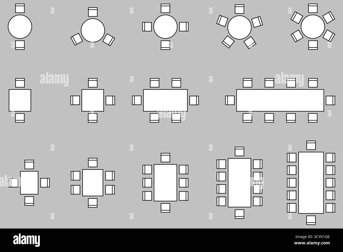 Set di icone per la pianificazione dei posti, Home, ristorante, seminario, aula, conferenza, vista dall'alto, sedia e tavolo, piano architettonico con progetto, personalizzabile Illustrazione Vettoriale