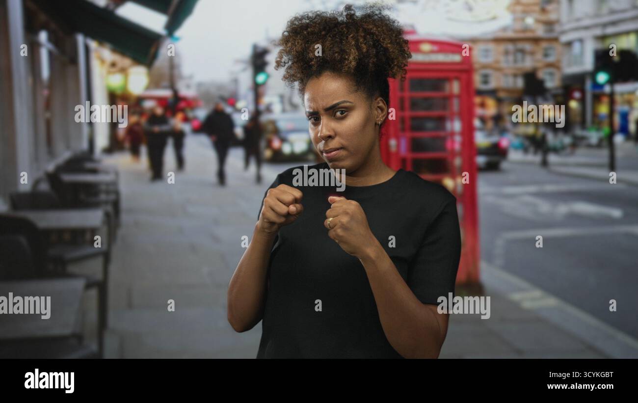 Donna con i pugni alzata in posa da una cabina telefonica rossa e un taxi nero, in difesa; sfida urbana. Foto Stock