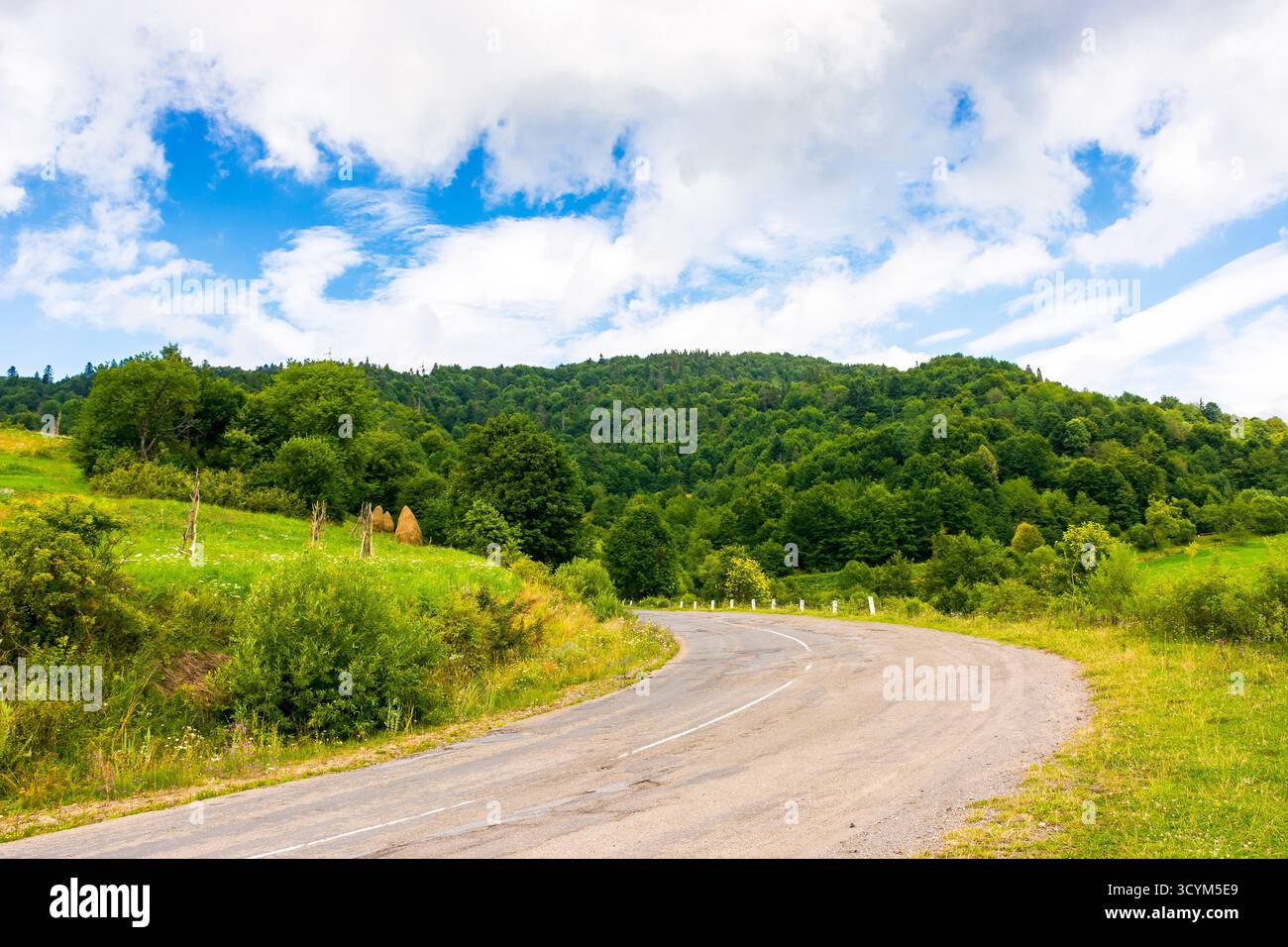 passo uzhaniano nel paesaggio montano dei carpazi. la vecchia strada di campagna asfaltata scende in discesa vicino alla foresta. scena rurale con campi e fienili in somme Foto Stock