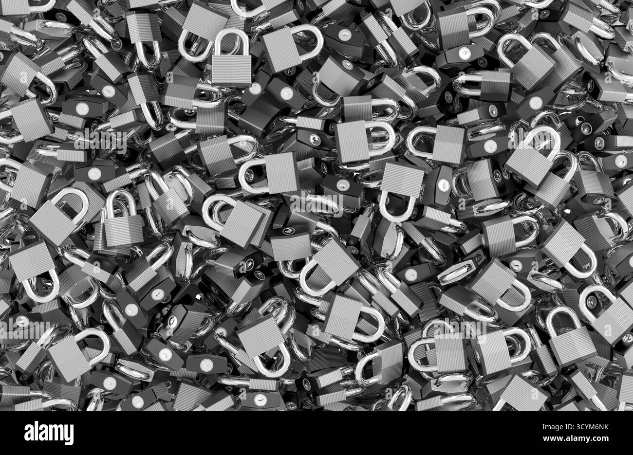 Molti lucchetti nella vista dall'alto del mucchio, sfondo. Rendering 3D. Foto Stock