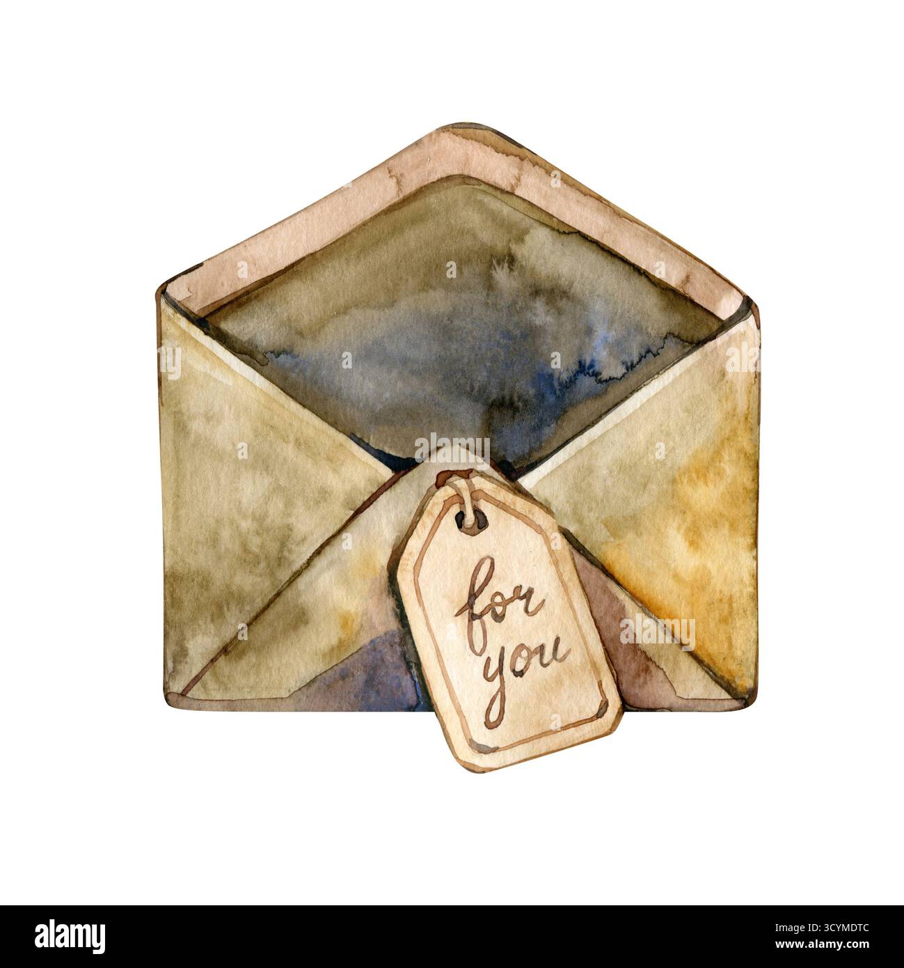 Illustrazione acquerello. Aprire una busta vuota dipinta a mano con carta beige vecchia. Lettera, messaggio. Invio postale. Biglietto d'amore per San Valentino. Isolato Foto Stock
