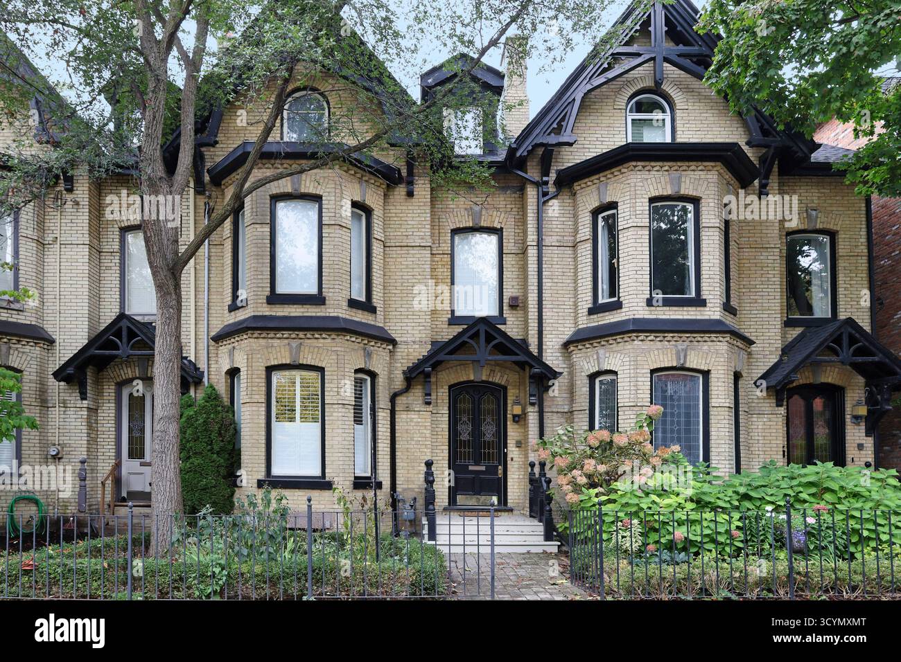File di case a baia e a timpano di tipo comunemente presenti nelle vecchie aree residenziali di Toronto Foto Stock
