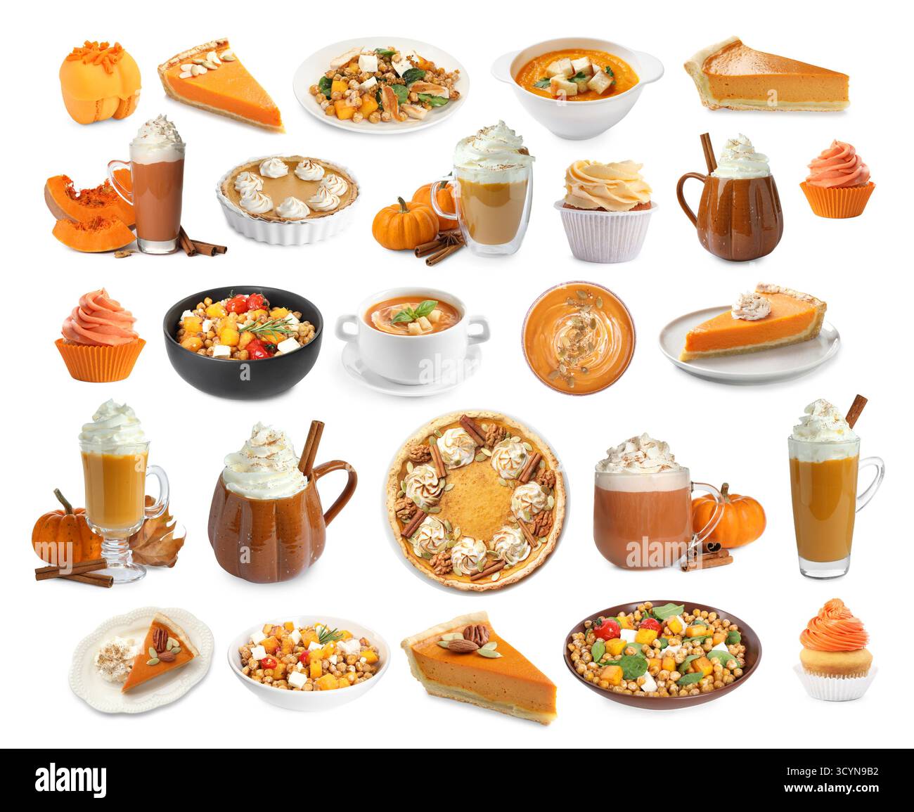 Zucca come ingrediente principale di diversi piatti, dessert e bevande. Raccolta su sfondo bianco Foto Stock