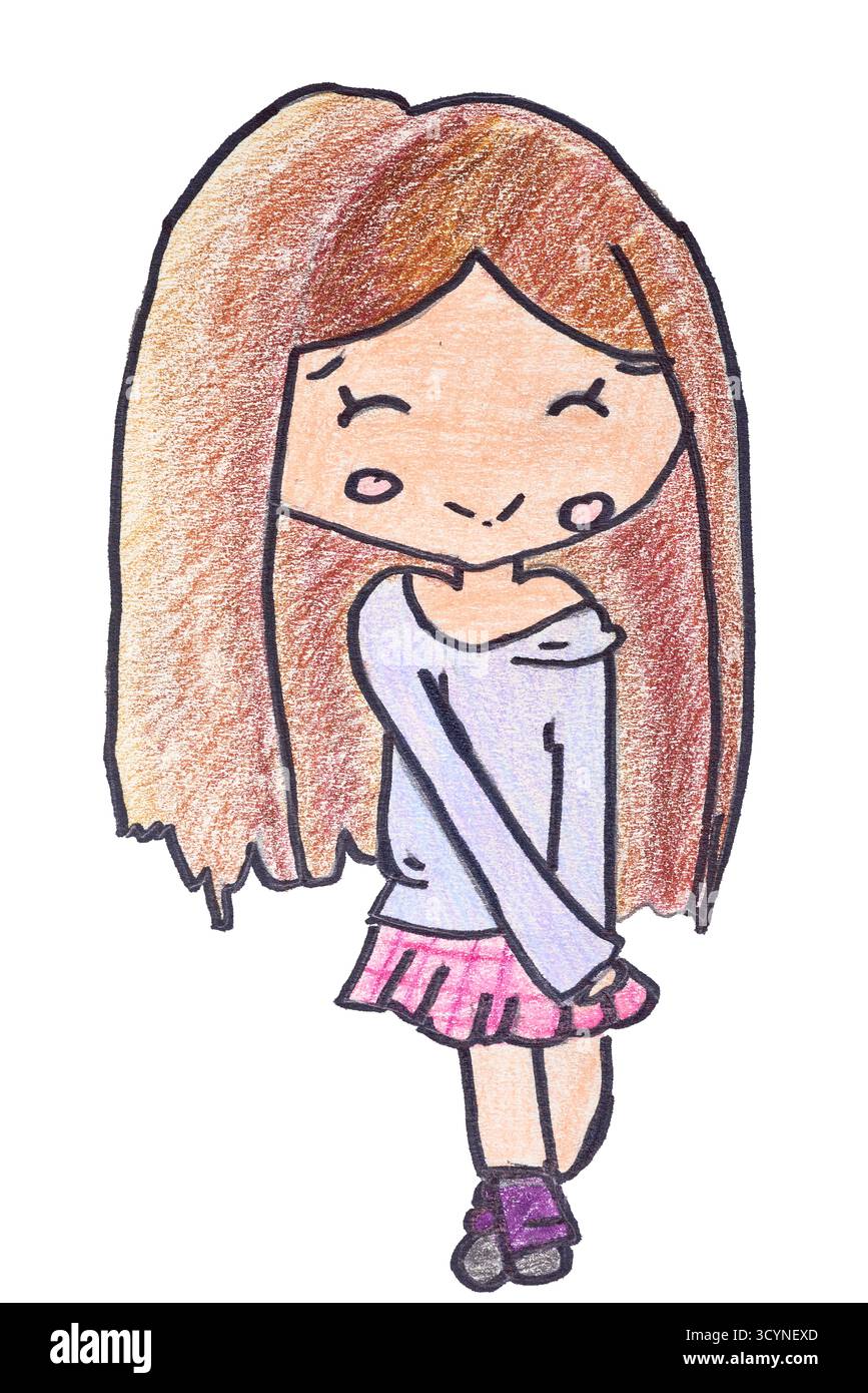 Elemento grafico versatile di una kawaii disegnata a mano. Questo cartone animato è isolato su uno sfondo trasparente, il che lo rende facile da usare come adesivo, ico Foto Stock