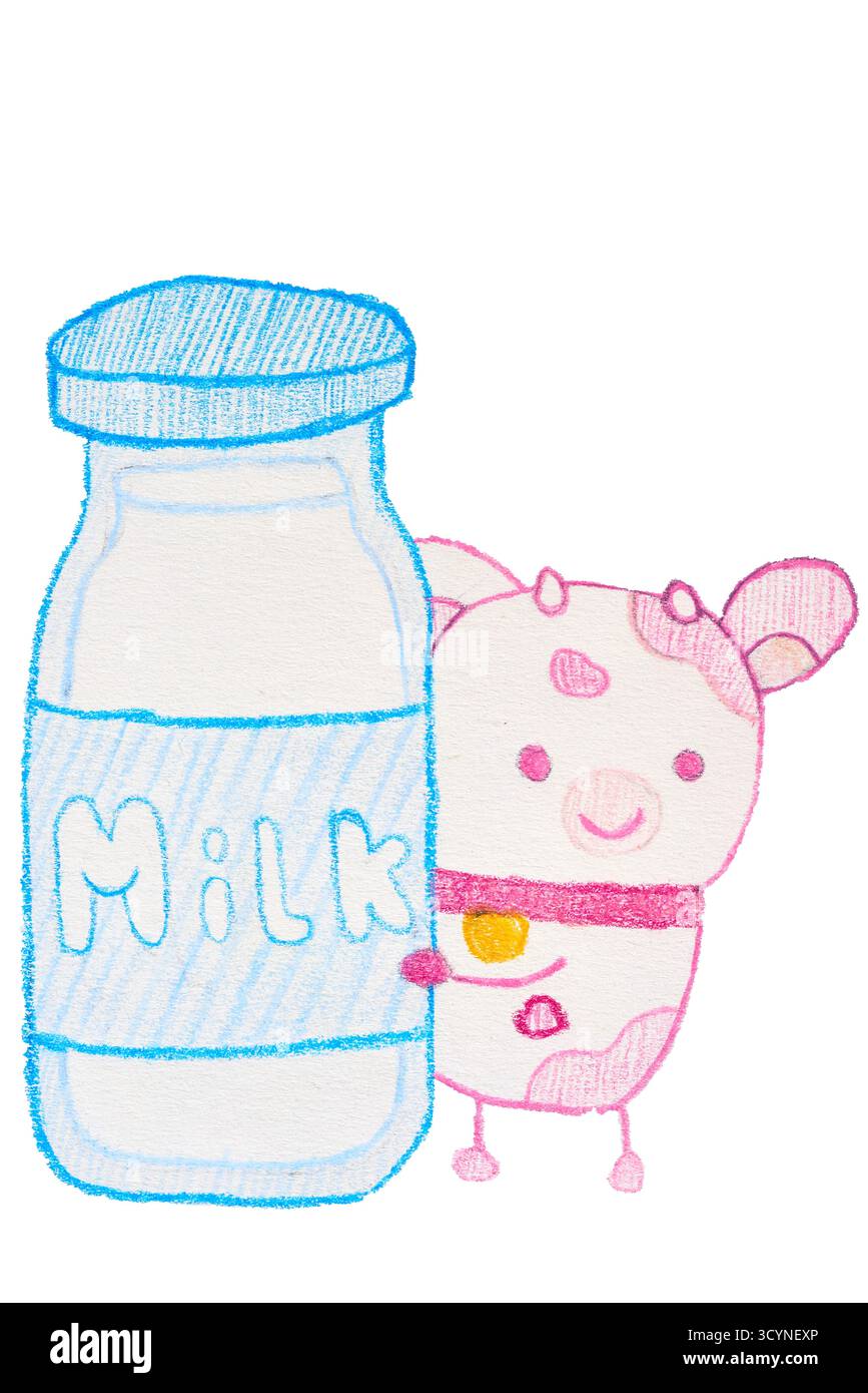 Una grafica versatile di una mucca rosa kawaii disegnata a mano con un biberon. Questo simpatico personaggio è isolato su uno sfondo trasparente, pronto per l'uso Foto Stock